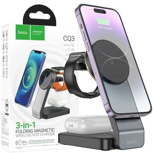 CARICATORE WIRELESS 15W 3IN1 CON STAND CHIUDIBILE (COMPATIBILE MAGSAFE) PER APPLE WATCH, AIRPODS e IPHONE NERO HOCO CQ3