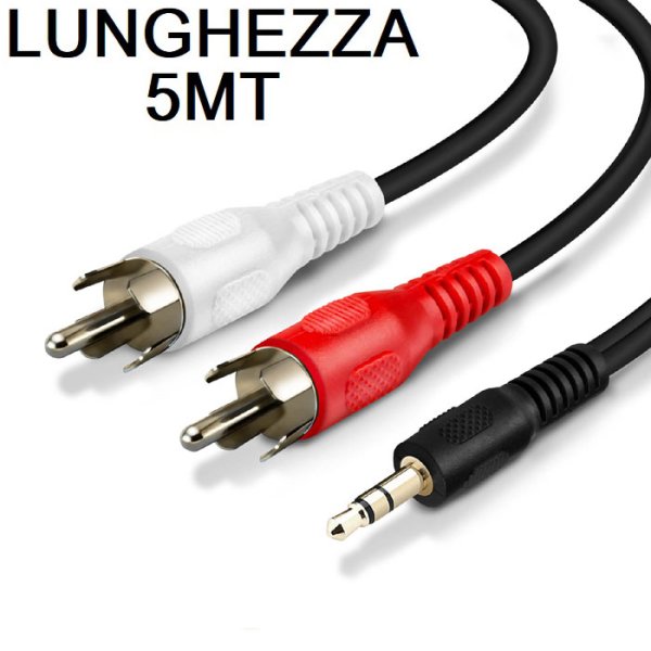 CAVO AUDIO DA JACK 3,5mm MASCHIO A 2 RCA MASCHIO LUNGHEZZA CAVO 5M Mt. COLORE NERO YP-001.5M