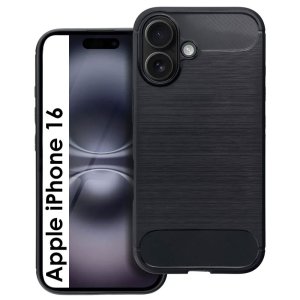 CUSTODIA per APPLE IPHONE 16 (6.1") IN GEL TPU SILICONE EFFETTO METALLICO CON INSERTI IN FANTASIA CARBONIO COLORE NERO