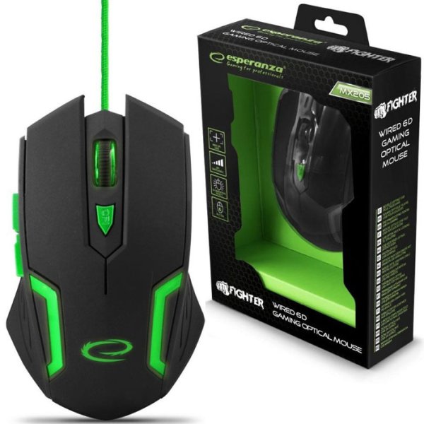 MOUSE OTTICO GAMING EGM205G ESPERANZA CON FILO, 6 TASTI, FINO A 2400dpi E RETROILLUMINAZIONE COLORE NERO E VERDE