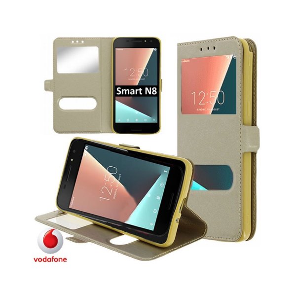 CUSTODIA per VODAFONE SMART N8 (VFD 610) - FLIP ORIZZONTALE SIMILPELLE CON INTERNO IN TPU E DOPPIA FINESTRA ID COLORE ORO