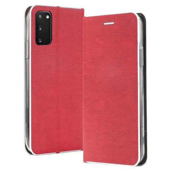 CUSTODIA per SAMSUNG GALAXY S20 (G980/G981) - FLIP ORIZZONTALE SIMILPELLE CHIUSURA MAGNETICA INVISIBILE ROSSO CON BORDO SILVER