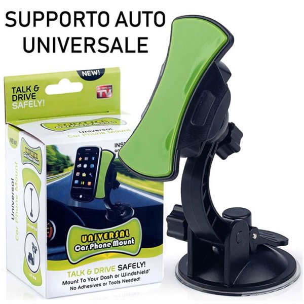 SUPPORTO AUTO UNIVERSALE FISSAGGIO A VENTOSA CON ROTAZIONE 360° E BASE DI APPOGGIO DISPOSITIVO ADESIVA COLORE NERO