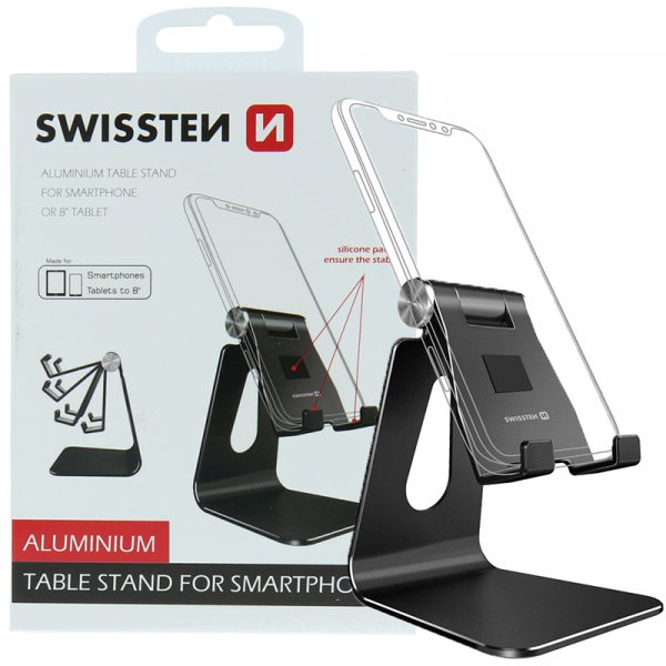 SUPPORTO DA TAVOLO IN ALLUMINIO PER SMARTPHONE E TABLET FINO 8" - INCLINAZIONE REGOLABILE DI 270° NERO SWISSTEN 25007000