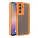 CUSTODIA per SAMSUNG GALAXY A54 5G - RIGIDA TRASPARENTE CON CORNICE IN TPU, PROTEZIONE FOTOCAMERE E DETTAGLI CROMATI ARANCIONI