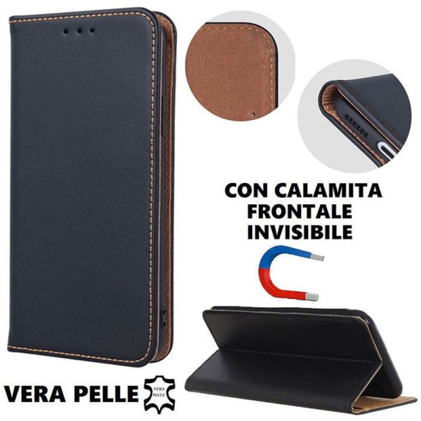 CUSTODIA per SAMSUNG GALAXY A40 (SM-A405) - FLIP ORIZZONTALE VERA PELLE CON CHIUSURA MAGNETICA INVISIBILE E INTERNO IN TPU NERO