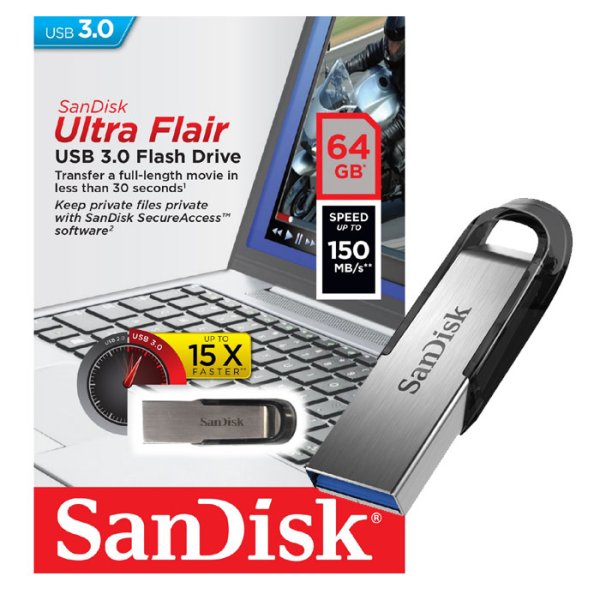 PEN DRIVE 64GB USB 3.0 ULTRA FLAIR CON VELOCITA' DI LETTURA FINO A 150MB/s E CORPO IN METALLO SDCZ73-064G-G46 SANDISK