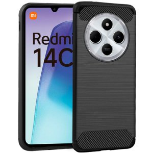 CUSTODIA per XIAOMI REDMI 14C (4G) IN GEL TPU SILICONE COLORE NERO EFFETTO METALLICO CON INSERTI IN FANTASIA CARBONIO