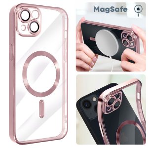 CUSTODIA per APPLE IPHONE 13, 14 IN TPU A 360° (COMPRESE FOTOCAMERE) DETTAGLI ROSA CROMATI - COMPATIBILE CON RICARICA MAGSAFE