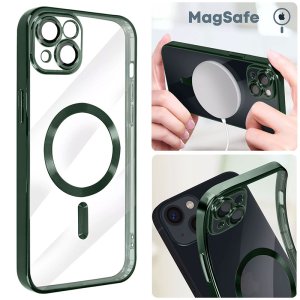 CUSTODIA per APPLE IPHONE 13, IPHONE 14 IN TPU A 360° (COMPRESE FOTOCAMERE) DETTAGLI VERDI CROMATI - COMPATIBILE CON MAGSAFE