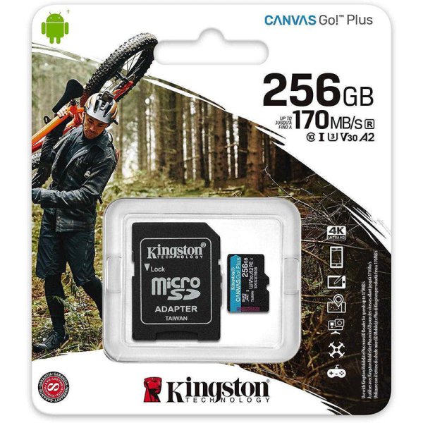 MEMORY CARD MICRO SD 256GB + ADATTATORE SD PER PRODUZIONE VIDEO IN 4K SDCG3/256GB Canvas Go! Plus KINGSTON