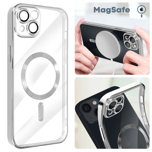 CUSTODIA per APPLE IPHONE 15 (6.1") IN TPU A 360° (COMPRESE FOTOCAMERE) DETTAGLI GRIGI CROMATI - COMPATIBILE CON MAGSAFE