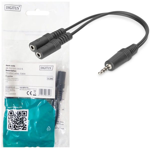 ADATTATORE AUDIO PER CUFFIE DA JACK 3,5mm M (4pin) A 2 JACK 3,5mm F (microfono + cuffie) CAVO 20cm NERO AK-510301-002-S DIGITUS