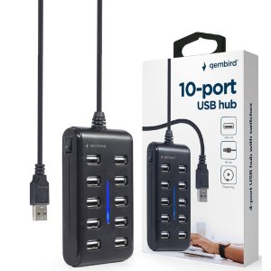 HUB USB 2.0 10 PORTE CON TASTO ON/OFF, CAVO DA 80 CM E VELOCITA' DI TRASFERIMENTO FINO A 480Mbps NERO UHB-U2P10P-01 GEMBIRD