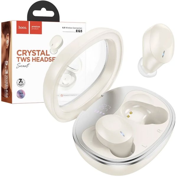 AURICOLARI BLUETOOTH 5.3 CON INDICATORE DELLA CARICA RESIDUA DEL CASE E CUSTODIA TRASLUCIDA COLORE BIANCO LATTE EQ3 HOCO