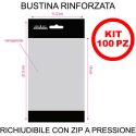 BUSTINA IN PLASTICA RINFORZATA CON ZIP A PRESSIONE RICHIUDIBILE - 21,5 X 11,5 CM - TRASPARENTE CON BANDE NERE KIT 100 PEZZI