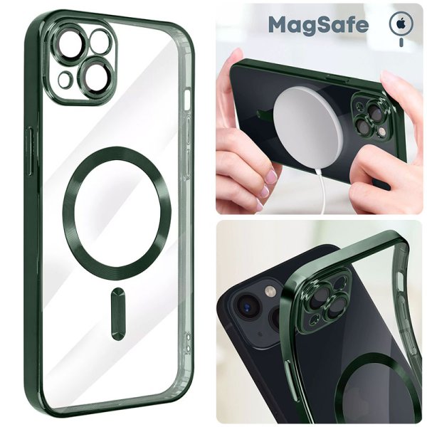 CUSTODIA per APPLE IPHONE 15 PLUS (6.7") IN TPU A 360° (COMPRESE FOTOCAMERE) DETTAGLI VERDI CROMATI - COMPATIBILE CON MAGSAFE