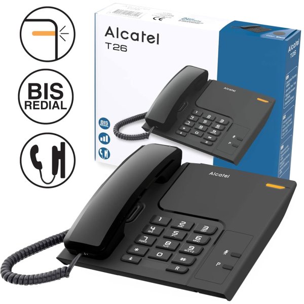 TELEFONO FISSO ALCATEL T26 CON AMPI TASTI, 3 LIVELLI DI SUONERIA E INDICATORE LUMINOSO CHIAMATA IN ARRIVO COLORE NERO