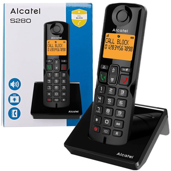 CORDLESS ALCATEL S280 CON VIVAVOCE CON VOLUME REGOLABILE, TASTO DIRETTO BLOCCO CHIAMATE E ID CHIAMANTE COLORE NERO