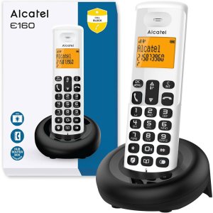 CORDLESS ALCATEL E160 CON TASTO DIRETTO BLOCCO CHIAMATE, DISPLAY ALFANUMERICO RETROILLUMINATO E FUNZIONE VIP BIANCO E NERO