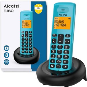 CORDLESS ALCATEL E160 CON TASTO DIRETTO BLOCCO CHIAMATE, DISPLAY ALFANUMERICO RETROILLUMINATO E FUNZIONE VIP AZZURRO E NERO