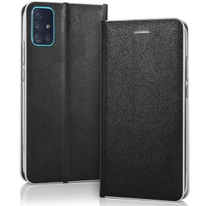 CUSTODIA per SAMSUNG GALAXY A51 (A515) - FLIP ORIZZONTALE SIMILPELLE CHIUSURA MAGNETICA NERO CON BORDO SILVER - ATTENZIONE..