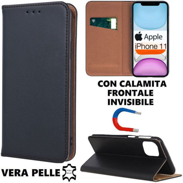 CUSTODIA per APPLE IPHONE 11 (6.1") - FLIP ORIZZONTALE VERA PELLE CON CHIUSURA MAGNETICA INVISIBILE E INTERNO IN TPU NERO