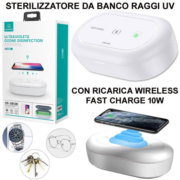 STERILIZZATORE DA BANCO A RAGGI UV per MASCHERINE E ALTRI OGGETTI + RICARICA WIRELESS 10W FAST CHARGE BIANCO USAMS