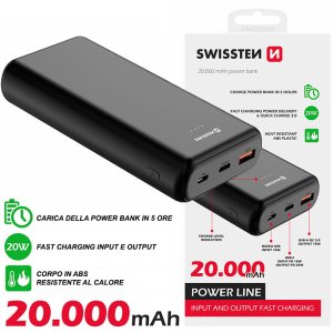 POWER BANK 20.000mAh FAST CHARGING 20W CON 1 PORTA USB (OUT), 1 USB-C (IN/OUT) E 1 MICRO USB (IN) + CAVO USB-C/USB-C SWISSTEN