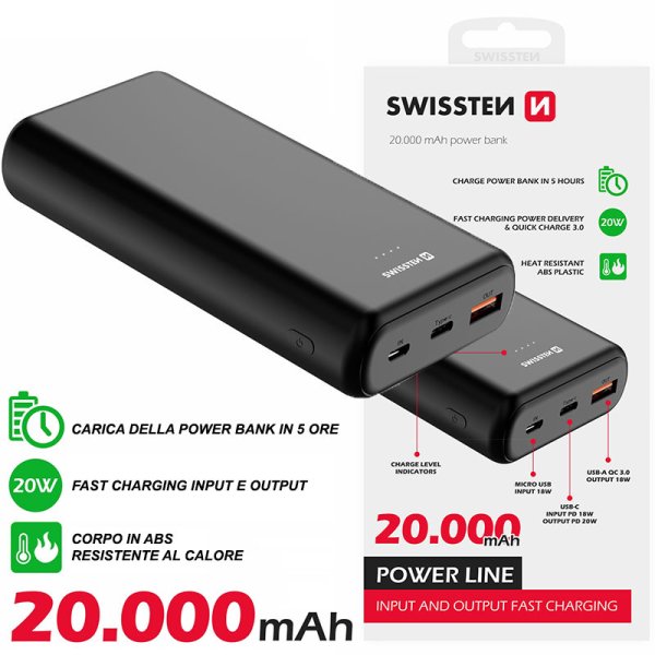 POWER BANK 20.000mAh FAST CHARGING 20W CON 1 PORTA USB (OUT), 1 USB-C (IN/OUT) E 1 MICRO USB (IN) + CAVO USB-C/USB-C SWISSTEN