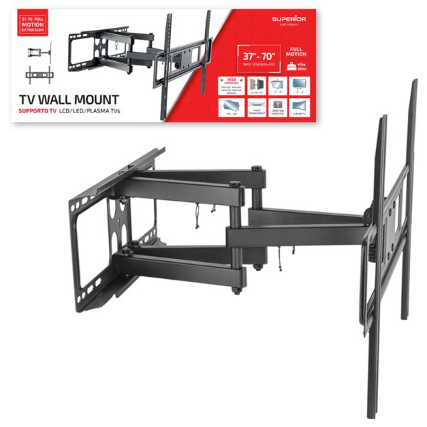 SUPPORTO MULTIDIREZIONALE DA PARETE PER TV DA 37" A 70" CON 3 SNODI (MAX 40KG) ESTENSIONE MASSIMA 46,4cm SUPSTV011