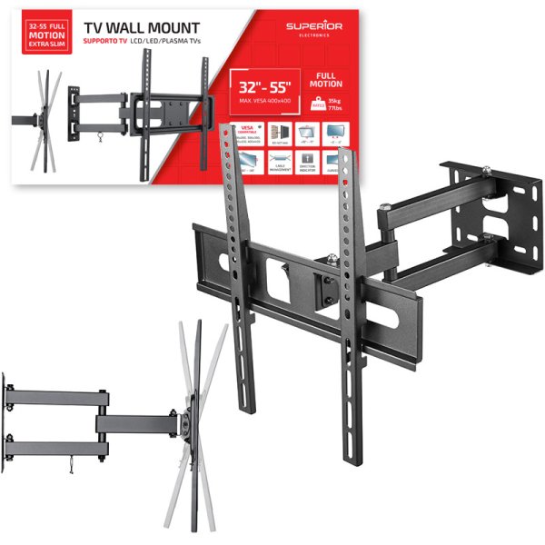 SUPPORTO MULTIDIREZIONALE DA PARETE PER TV DA 32" A 55" ,3 SNODI (MAX 35KG) ESTENSIONE MAX. 42,9cm - ROTAZ. +90°/-90° SUPSTV003