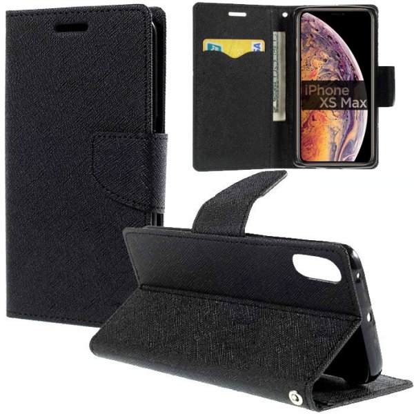 CUSTODIA per APPLE IPHONE XS MAX (6.5") - FLIP ORIZZONTALE CON INTERNO IN TPU SILICONE, STAND E TASCHE PORTA CARTE COLORE NERO