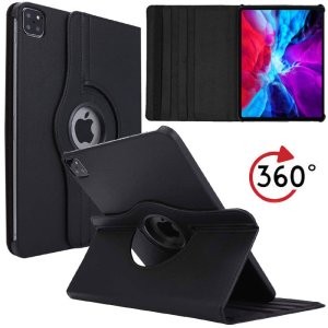 CUSTODIA per APPLE IPAD PRO 12.9" (2020/2021) - BOOK SIMILPELLE COLORE NERO GIREVOLE CON STAND E CHIUSURA CON ELASTICO