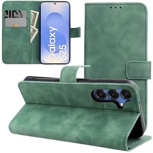 CUSTODIA per SAMSUNG GALAXY S25 (SM-S931) FLIP ORIZZONTALE IN ECOPELLE COLORE VERDE CON INTERNO IN TPU E CHIUSURA MAGNETICA