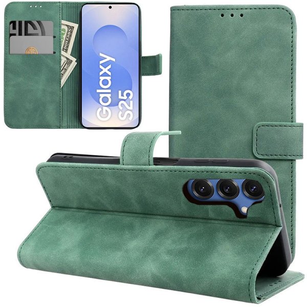 CUSTODIA per SAMSUNG GALAXY S25 (SM-S931) FLIP ORIZZONTALE IN ECOPELLE COLORE VERDE CON INTERNO IN TPU E CHIUSURA MAGNETICA