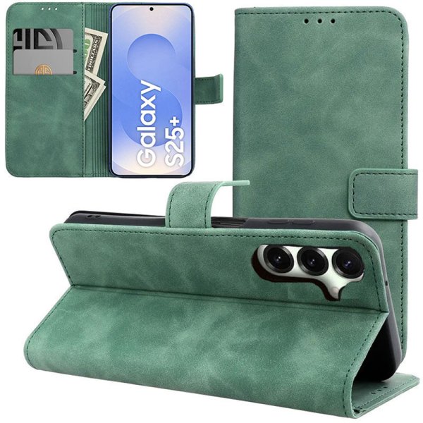 CUSTODIA per SAMSUNG GALAXY S25 PLUS (SM-S936) FLIP ORIZZONTALE IN ECOPELLE COLORE VERDE CON INTERNO IN TPU E CHIUSURA MAGNETICA