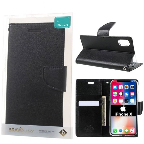 CUSTODIA per APPLE IPHONE X, IPHONE XS - FLIP ORIZZONTALE SIMILPELLE CON INTERNO IN TPU E STAND NERO BRAVO MERCURY