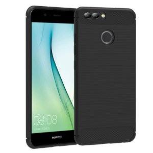 CUSTODIA per HUAWEI NOVA 2 IN GEL TPU SILICONE EFFETTO METALLICO CON INSERTI IN FANTASIA CARBONIO COLORE NERO