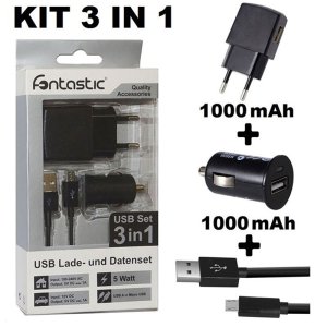 KIT 3 IN 1: CARICATORE DA RETE + CARICATORE DA AUTO 1000mAh con 1 PORTA USB + CAVO MICRO USB NERO FONTASTIC 211171