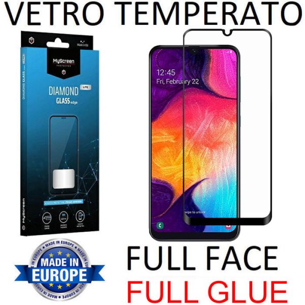 PELLICOLA per SAMSUNG GALAXY A70, A70s IN VETRO TEMPERATO FULL FACE 9H - FULL GLUE 0,33mm CON CORNICE NERA MYSCREEN LITE