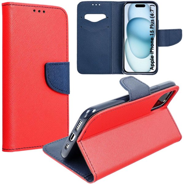 CUSTODIA per APPLE IPHONE 15 PLUS (6.7") - FLIP ORIZZONTALE CON INTERNO IN TPU, STAND E CHIUSURA MAGNETICA COLORE ROSSO