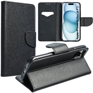 CUSTODIA per APPLE IPHONE 15 PLUS (6.7") - FLIP ORIZZONTALE CON INTERNO IN TPU, STAND E CHIUSURA MAGNETICA COLORE NERO