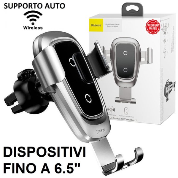 SUPPORTO AUTO UNIVERSALE IN ALLUMINIO CON FISSAGGIO PER BOCCHETTE D'ARIA + RICARICA WIRELESS COLORE NERO E GRIGIO BASEUS