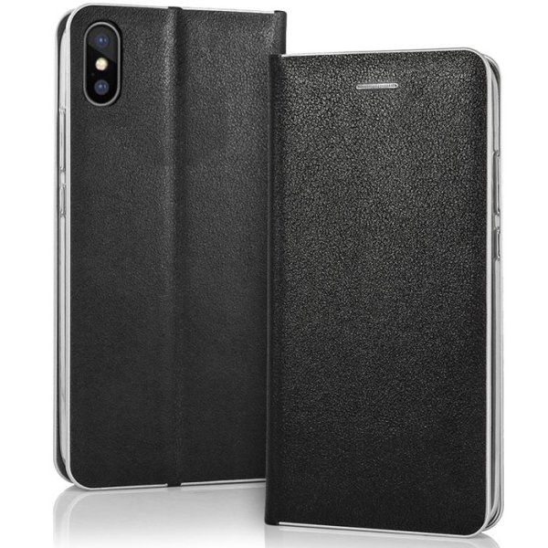 CUSTODIA per APPLE IPHONE X, XS - FLIP ORIZZONTALE CON CHIUSURA MAGNETICA INVISIBILE, INTERNO IN TPU NERO BORDO SILVER