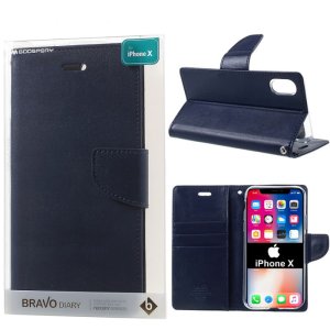 CUSTODIA per APPLE IPHONE X, IPHONE XS (5.8") - FLIP ORIZZONTALE SIMILPELLE CON INTERNO IN TPU E STAND BLU BRAVO MERCURY