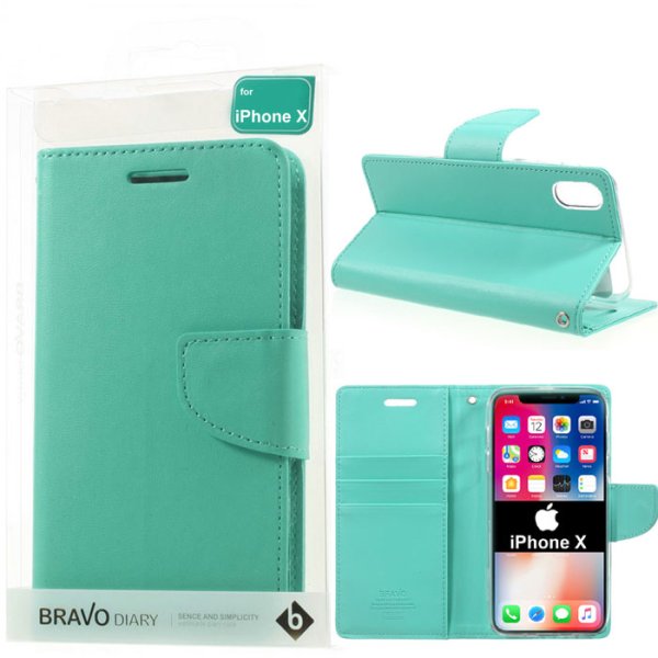 CUSTODIA per APPLE IPHONE X, IPHONE XS (5.8") - FLIP ORIZZONTALE SIMILPELLE CON INTERNO IN TPU E STAND VERDE ACQUA BRAVO MERCURY