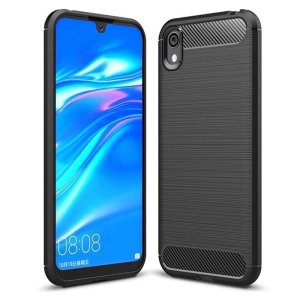 CUSTODIA per HUAWEI Y5 2019, HONOR 8S IN GEL TPU SILICONE EFFETTO METALLICO CON INSERTI IN FANTASIA CARBONIO COLORE NERO