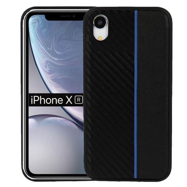 CUSTODIA per APPLE IPHONE XR (6.1") IN GEL TPU SILICONE COLORE NERO EFFETTO CARBONIO CON INSERTO BLU