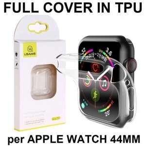 CUSTODIA per APPLE WATCH 44MM (4/5/6/SE) COPERTURA TOTALE IN GEL TPU SILICONE TRASPARENTE USAMS BLISTER